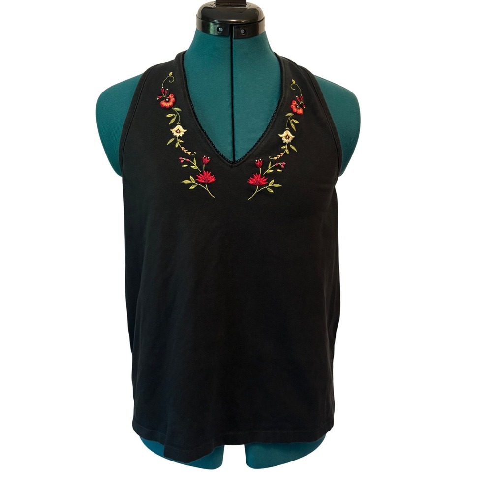 Vintage 90s Y2K Venezia Jeans 14/16 Black Floral Embroidered Halter Top Made USA